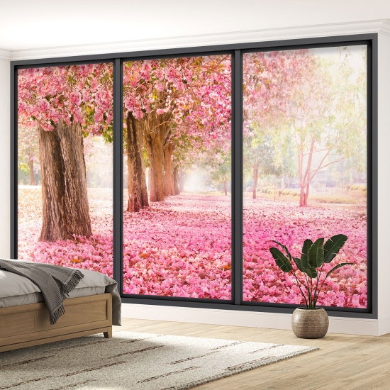 Optical Illusion Panoramic Bay Window Wall Mural / Wallpaper - Pink flower trees