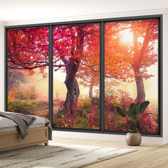 Optical Illusion Panoramic Bay Window Wall Mural / Wallpaper - Red-leaved trees