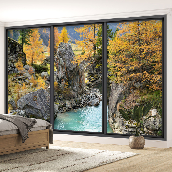 Optical Illusion Panoramic Bay Window Wall Mural / Wallpaper - River forest