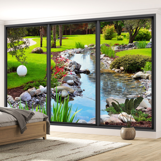 Optical Illusion Panoramic Bay Window Wall Mural / Wallpaper - River garden