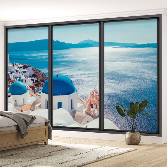 Optical Illusion Panoramic Bay Window Wall Mural / Wallpaper - Santorini