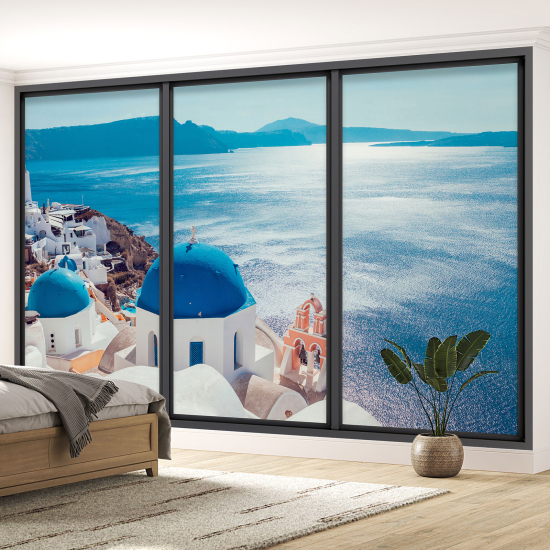 Optical Illusion Panoramic Bay Window Wall Mural / Wallpaper - Santorini