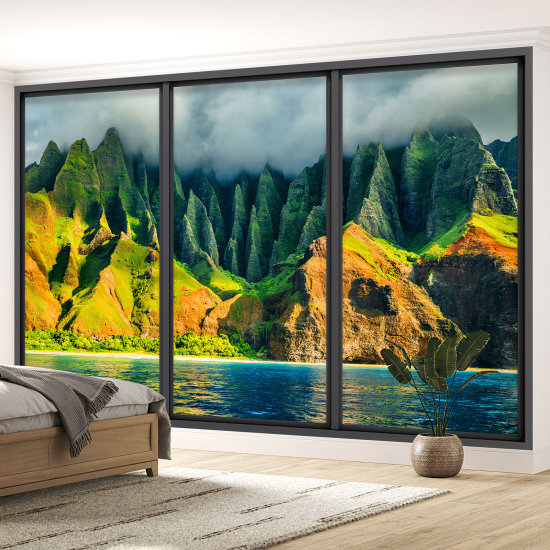 Optical Illusion Panoramic Bay Window Wall Mural / Wallpaper - Sea and mountains