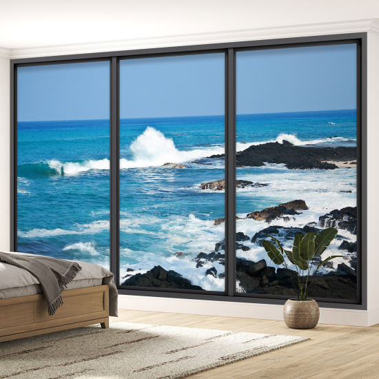 Optical Illusion Panoramic Bay Window Wall Mural / Wallpaper - Sea view