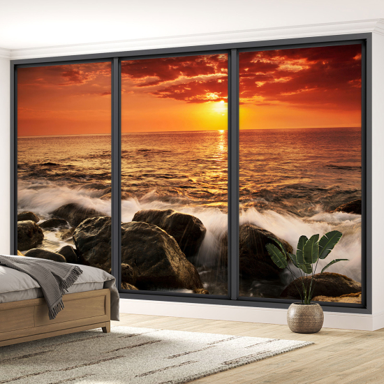 Optical Illusion Panoramic Bay Window Wall Mural / Wallpaper - Sea view