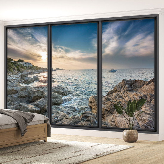 Optical Illusion Panoramic Bay Window Wall Mural / Wallpaper - Sea view