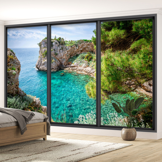 Optical Illusion Panoramic Bay Window Wall Mural / Wallpaper - Sea view