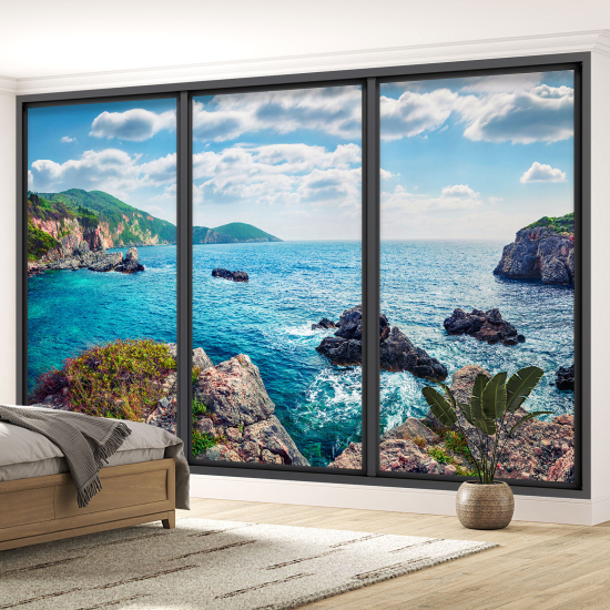 Optical Illusion Panoramic Bay Window Wall Mural / Wallpaper - Sea view