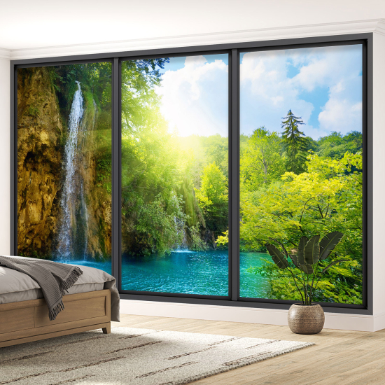 Optical Illusion Panoramic Bay Window Wall Mural / Wallpaper - Waterfall