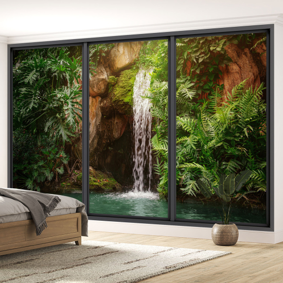 Optical Illusion Panoramic Bay Window Wall Mural / Wallpaper - Waterfall