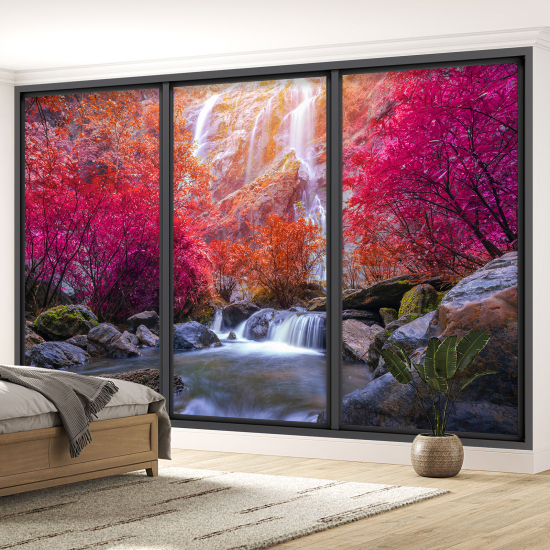 Optical Illusion Panoramic Bay Window Wall Mural / Wallpaper - Waterfall