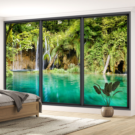 Optical Illusion Panoramic Bay Window Wall Mural / Wallpaper - Waterfalls