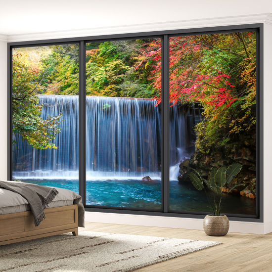 Optical Illusion Panoramic Bay Window Wall Mural / Wallpaper - Waterfalls