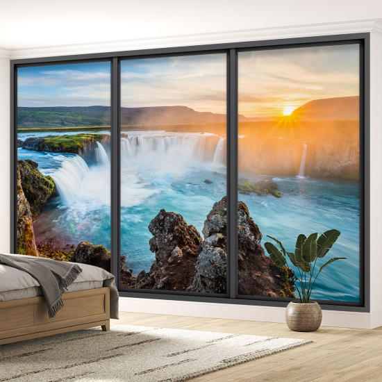 Optical Illusion Panoramic Bay Window Wall Mural / Wallpaper - Waterfalls