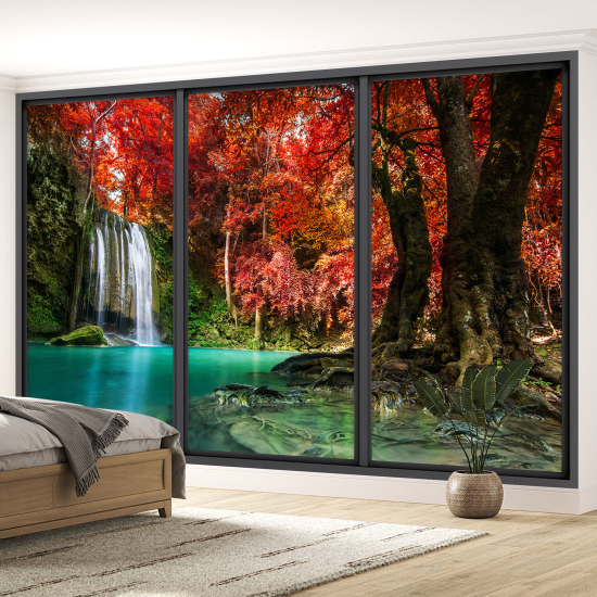 Optical Illusion Panoramic Bay Window Wall Mural / Wallpaper - Waterfalls