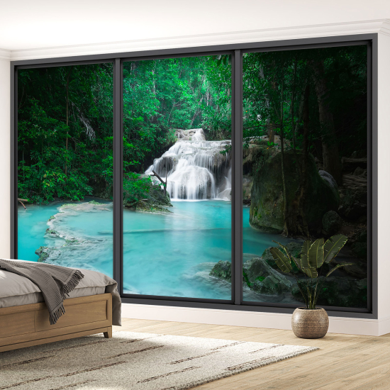 Optical Illusion Panoramic Bay Window Wall Mural / Wallpaper - Waterfalls