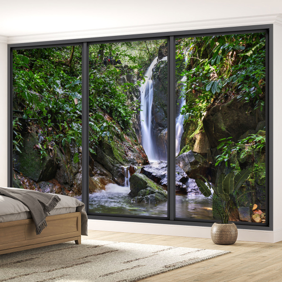 Optical Illusion Panoramic Bay Window Wall Mural / Wallpaper - Waterfalls