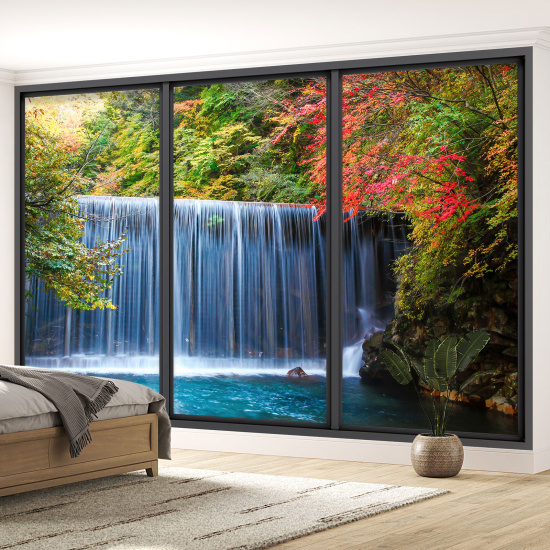 Optical Illusion Panoramic Bay Window Wall Mural / Wallpaper - Waterfalls