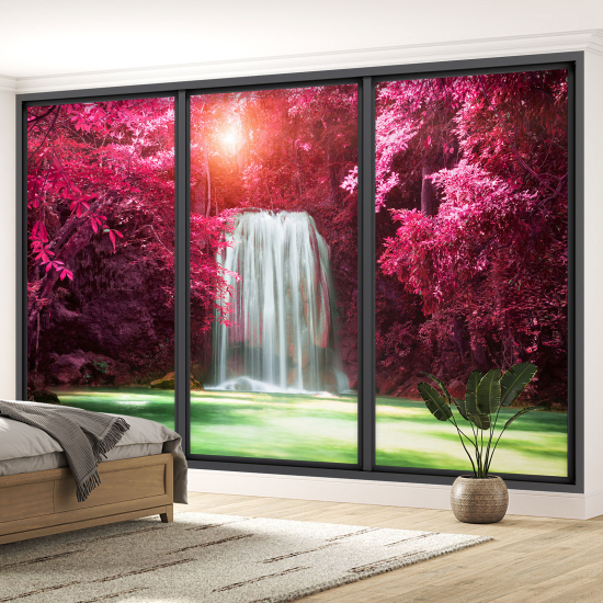 Optical Illusion Panoramic Bay Window Wall Mural / Wallpaper - Waterfalls