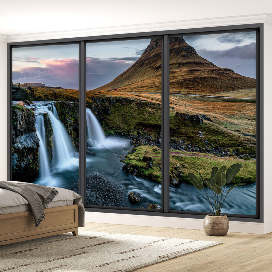 Optical Illusion Panoramic Bay Window Wall Mural / Wallpaper - Waterfalls