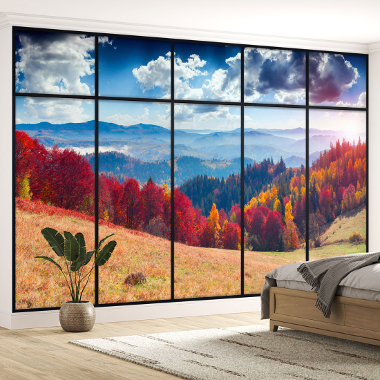 Optical Illusion Panoramic Window Wall Mural / Wallpaper - Autumn forest