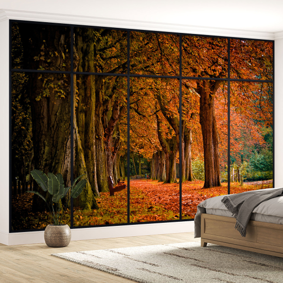 Optical Illusion Panoramic Window Wall Mural / Wallpaper - Autumn forest