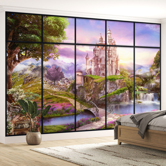 Optical Illusion Panoramic Window Wall Mural / Wallpaper - Castle Road