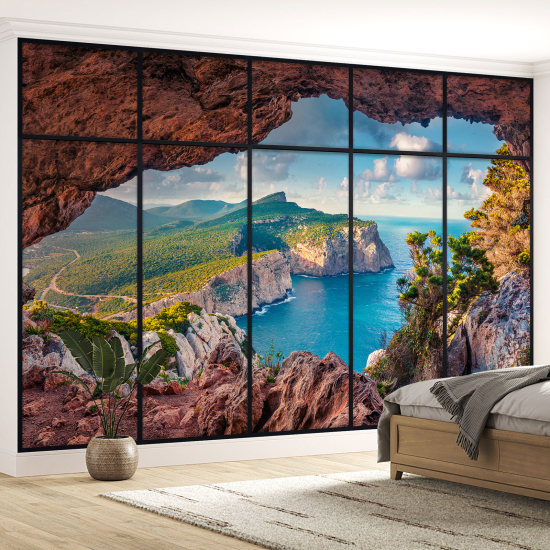 Optical Illusion Panoramic Window Wall Mural / Wallpaper - Cave with sea view