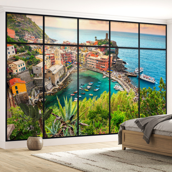 Optical Illusion Panoramic Window Wall Mural / Wallpaper - Cinque Terre