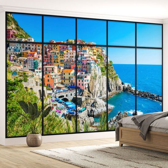 Optical Illusion Panoramic Window Wall Mural / Wallpaper - Cinque Terre