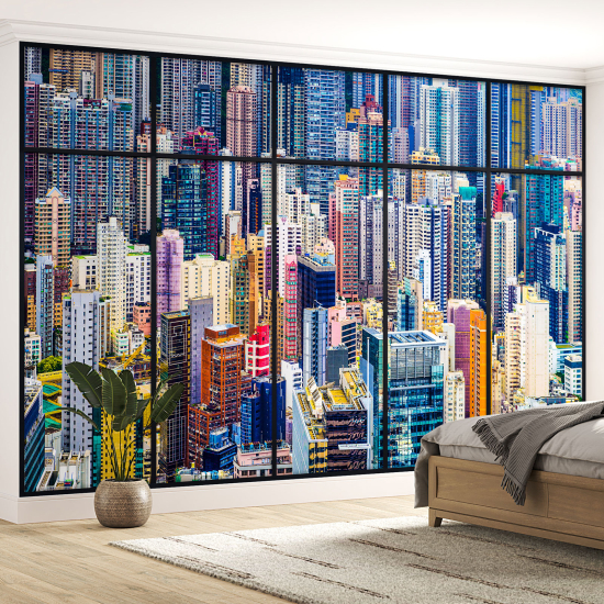 Optical Illusion Panoramic Window Wall Mural / Wallpaper - Colorful buildings