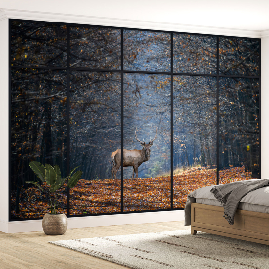 Optical Illusion Panoramic Window Wall Mural / Wallpaper - Deer path in the forest