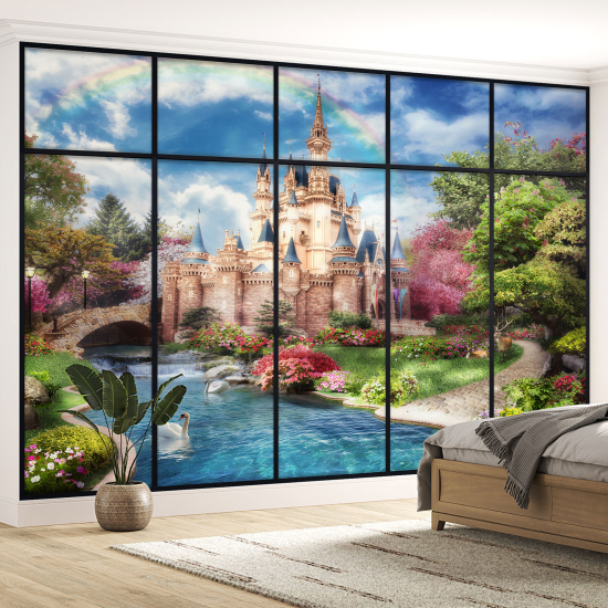 Optical Illusion Panoramic Window Wall Mural / Wallpaper for Kids - Castle