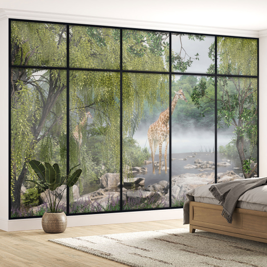 Optical Illusion Panoramic Window Wall Mural / Wallpaper for Kids - Giraffe