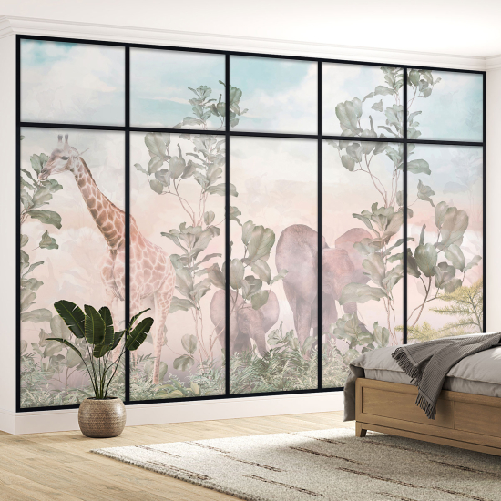 Optical Illusion Panoramic Window Wall Mural / Wallpaper for Kids - Jungle animals