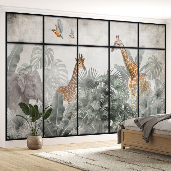 Optical Illusion Panoramic Window Wall Mural / Wallpaper for Kids - Jungle animals