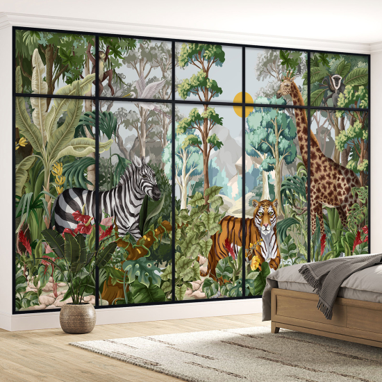 Optical Illusion Panoramic Window Wall Mural / Wallpaper for Kids - Jungle animals