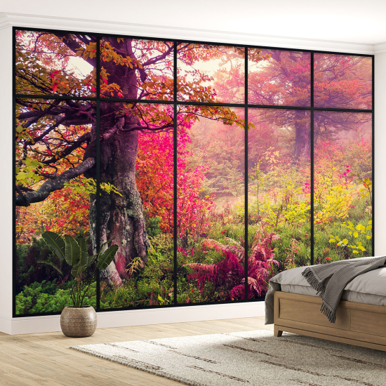 Optical Illusion Panoramic Window Wall Mural / Wallpaper - Forest