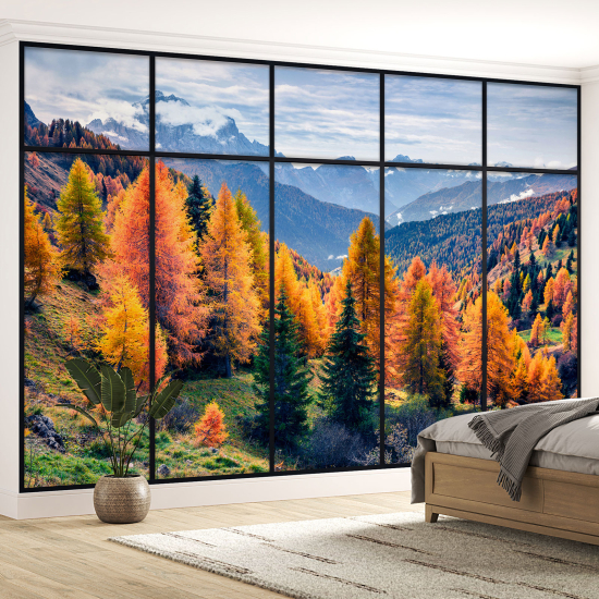 Optical Illusion Panoramic Window Wall Mural / Wallpaper - Forest