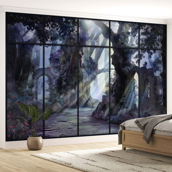 Optical Illusion Panoramic Window Wall Mural / Wallpaper - Forest