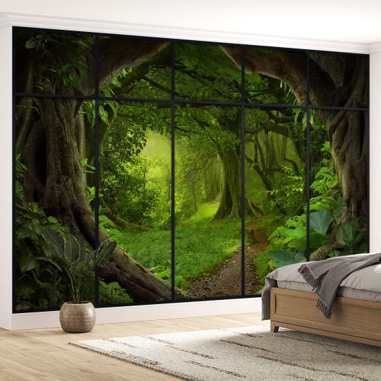 Optical Illusion Panoramic Window Wall Mural / Wallpaper - Forest path