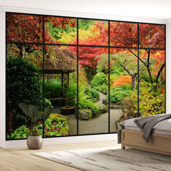 Optical Illusion Panoramic Window Wall Mural / Wallpaper - Garden