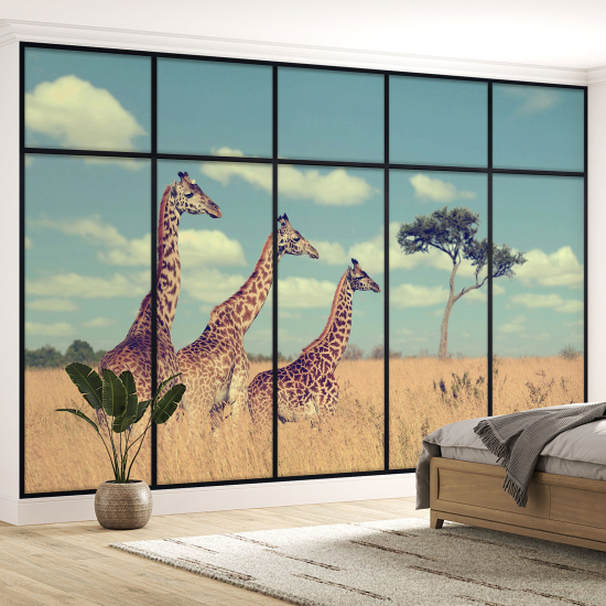 Optical Illusion Panoramic Window Wall Mural / Wallpaper - Giraffes