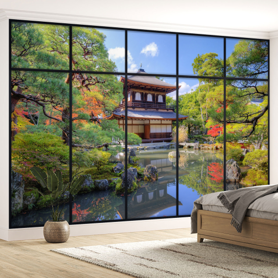 Optical Illusion Panoramic Window Wall Mural / Wallpaper - Japanese Temple