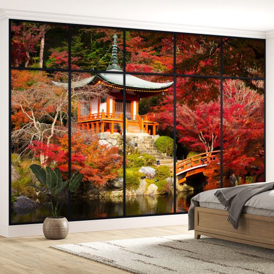 Optical Illusion Panoramic Window Wall Mural / Wallpaper - Japanese Temple