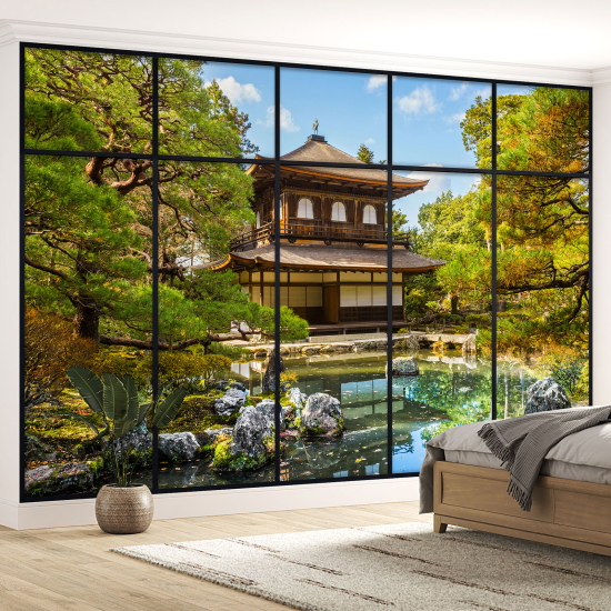 Optical Illusion Panoramic Window Wall Mural / Wallpaper - Japanese Temple