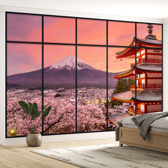 Optical Illusion Panoramic Window Wall Mural / Wallpaper - Japanese temple with view of Mount Fuji