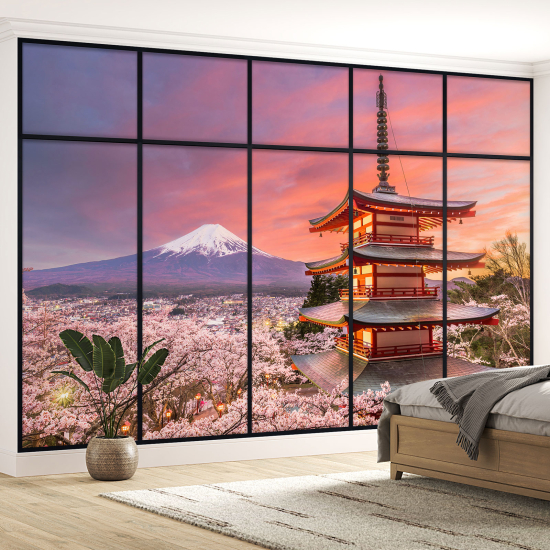 Optical Illusion Panoramic Window Wall Mural / Wallpaper - Japanese temple with view of Mount Fuji