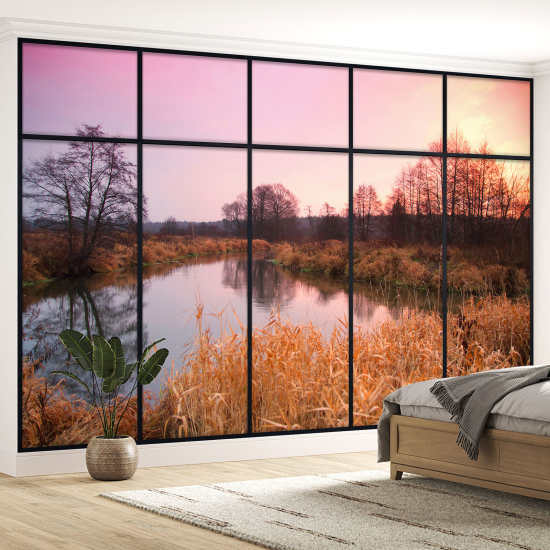 Optical Illusion Panoramic Window Wall Mural / Wallpaper - Lake and forest