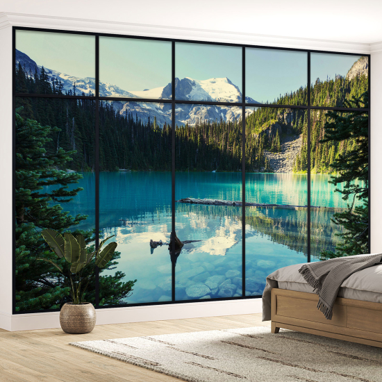 Optical Illusion Panoramic Window Wall Mural / Wallpaper - lake and mountains